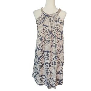 Bellambra Made in Italy Linen Halter Shift Dress Small Tan Blue Tie Dye Boho
